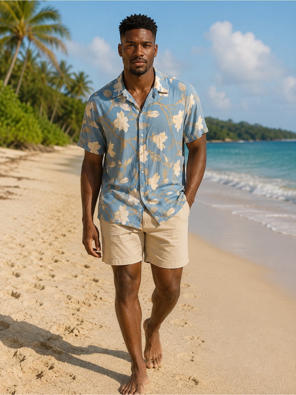 Tommy Bahama Blue and Cream Floral Short-Sleeve Button-Down Shirt